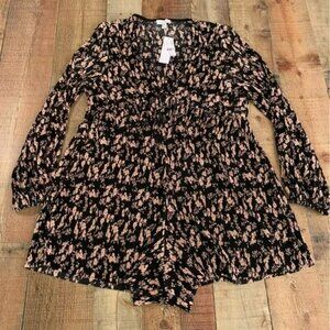 NWT Topshop long sleeve pink and black floral romper with front tie Size 14